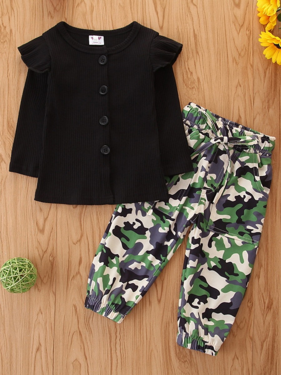 

lovely Stylish Buttons Design Camo Print Black Girl Two-piece Pants Set