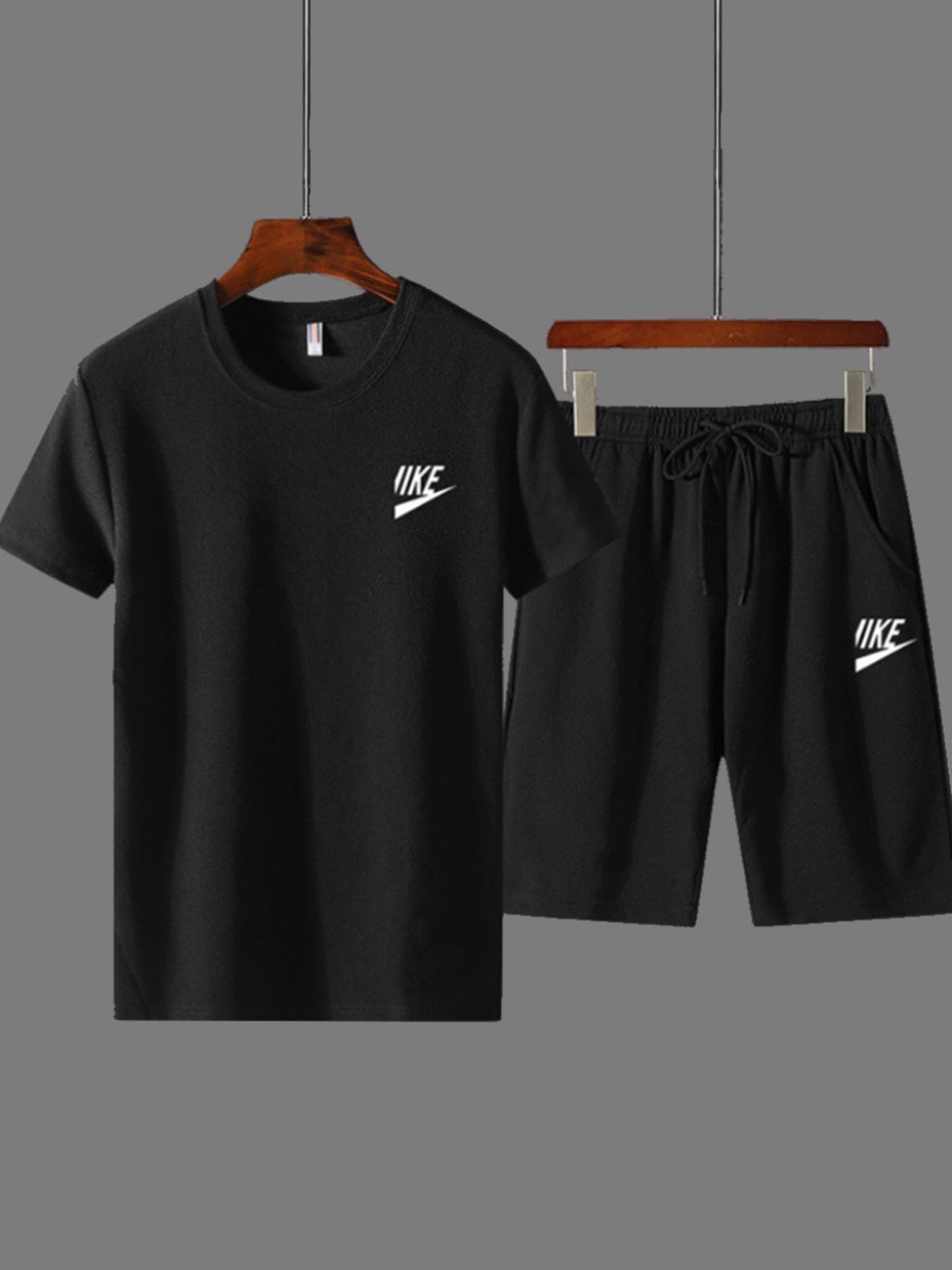 

lovely Casual O Neck Letter Print Black Two-piece Shorts Set