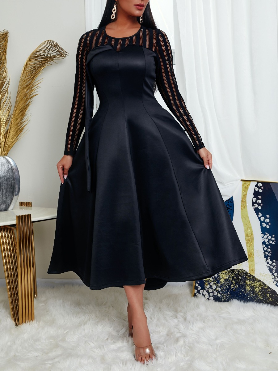

Lovely Stylish O Neck Patchwork Fold Design Black Ankle Length Dress