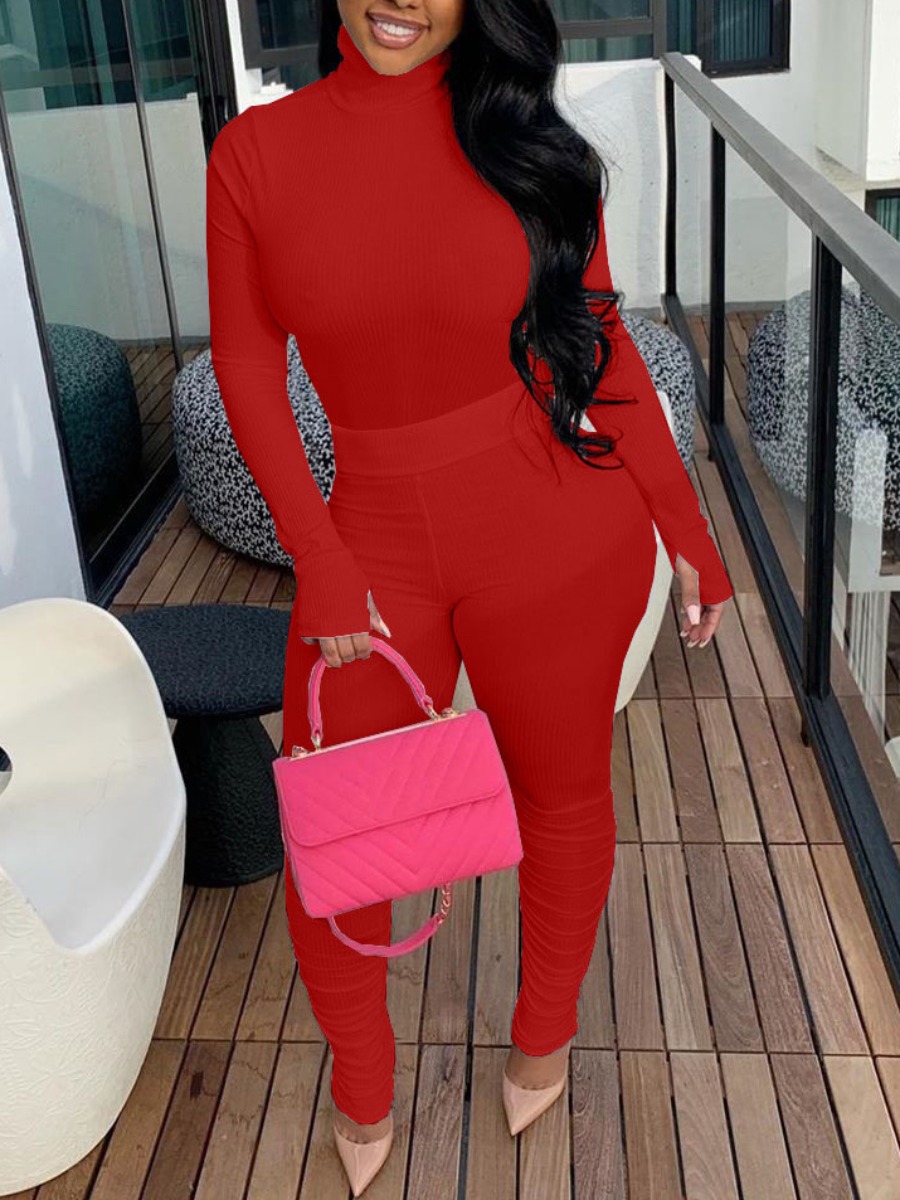 

lovely Casual Turtleneck Basic Skinny Red Two Piece Pants Set