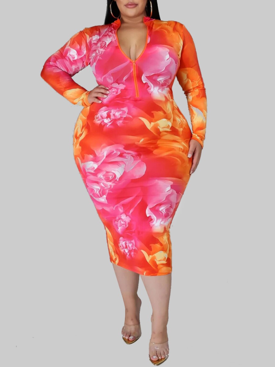 

LW BASICS Plus Size Tie-dye Zipper Design Dress, Rose red