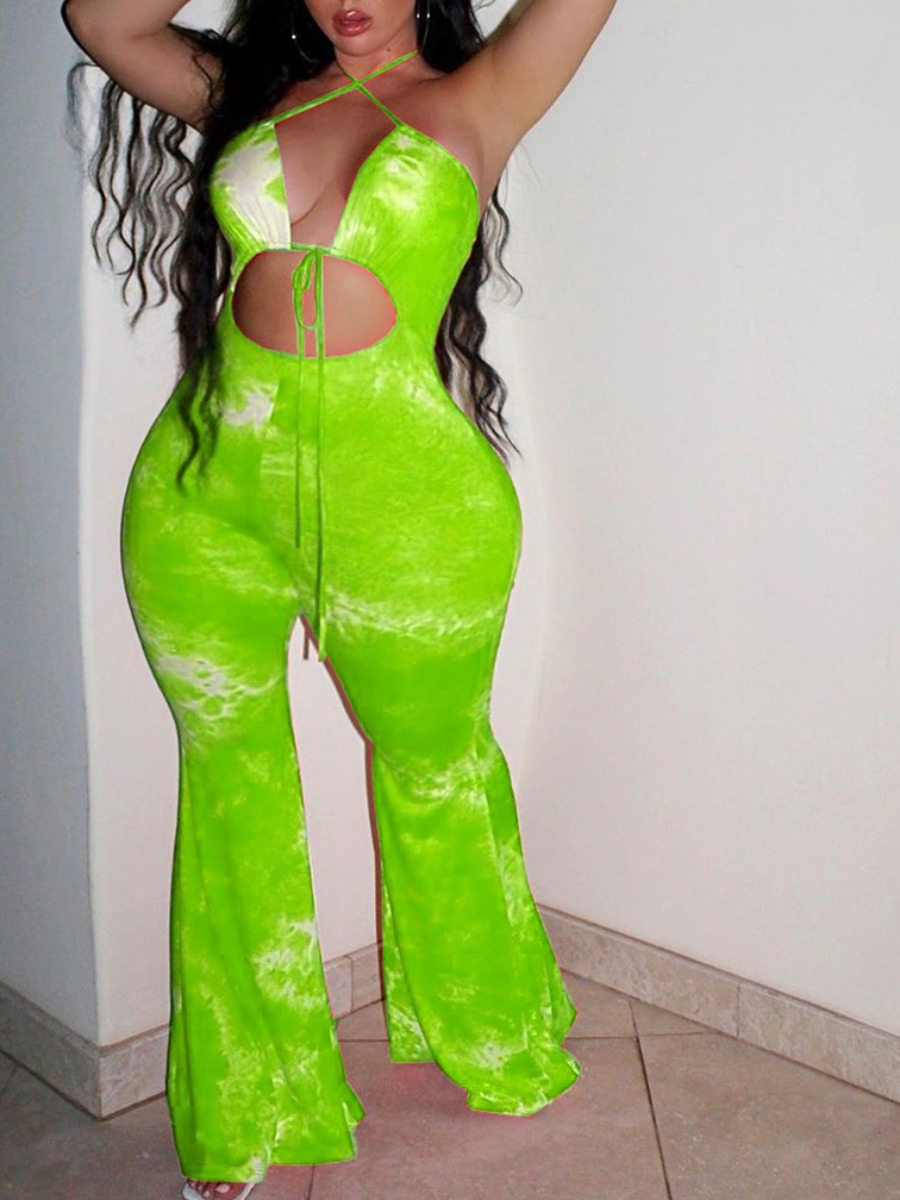 

lovely Sexy Backless Tie-dye Green Plus Size One-piece Jumpsuit