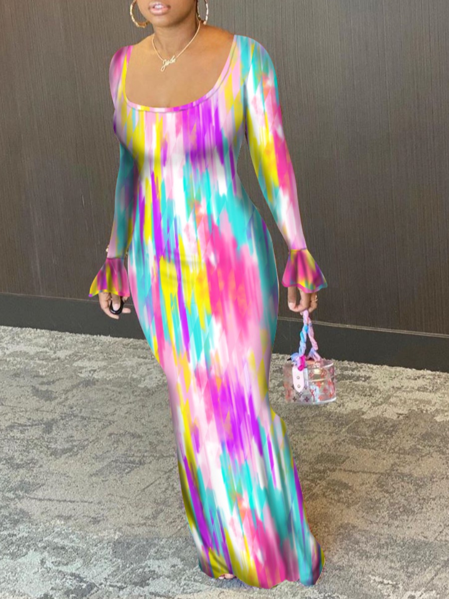 lovely Stylish U Neck Tie-dye Purple Maxi Dress