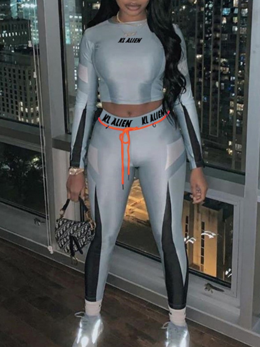 

lovely Sportswear Letter Patchwork Grey Two-piece Pants Set