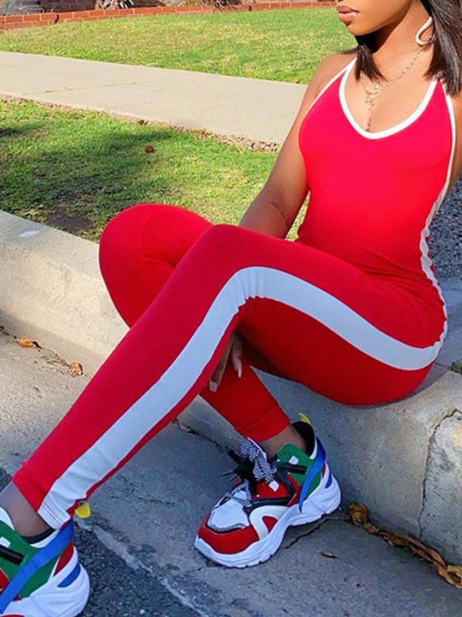 

lovely Sportswear Patchwork Red One-piece Jumpsuit