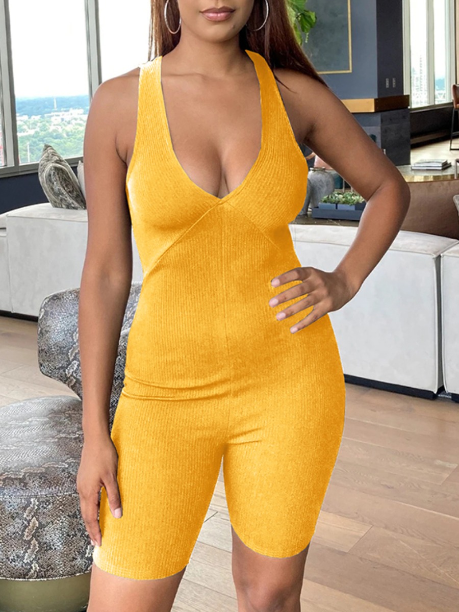 

Lovely Sexy Deep V Neck Backless Cross-over Design Yellow One-piece Romper