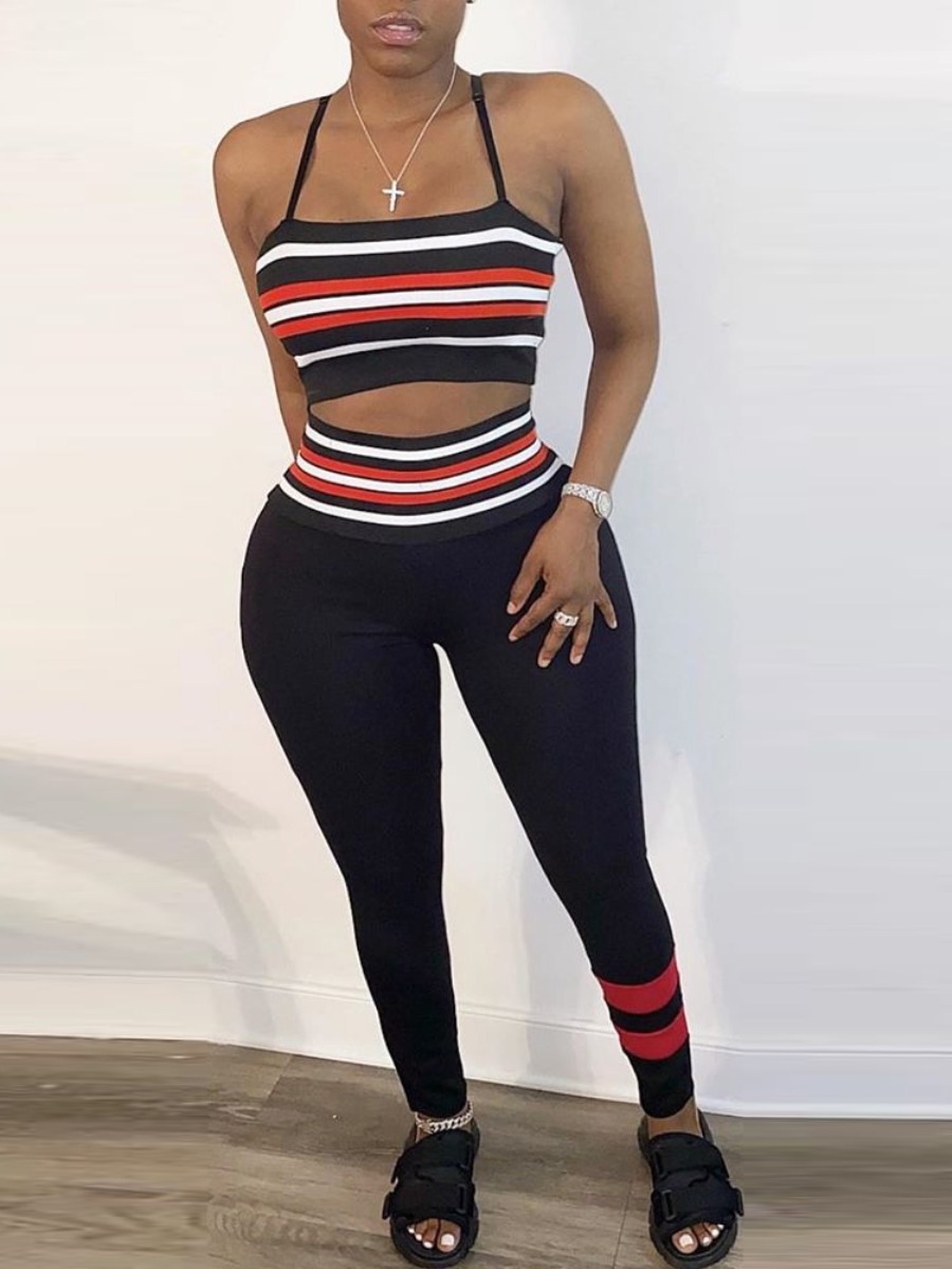 

Lovely Sexy Striped Patchwork Black Two Piece Pants Set