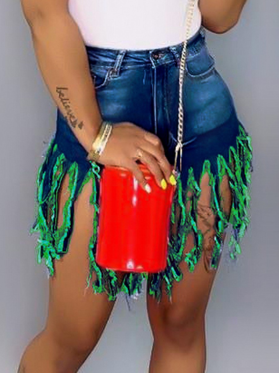 

lovely Casual Tassel Design Green Denim Shorts