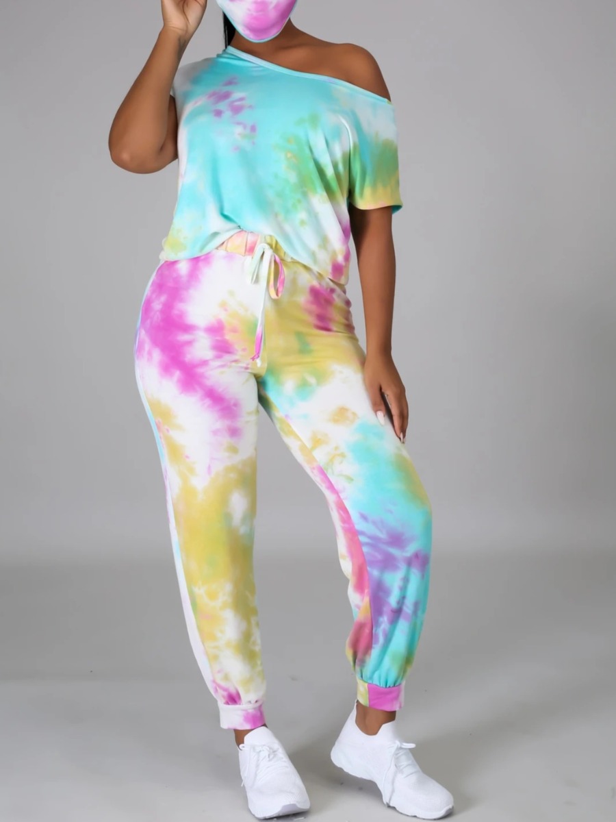 

lovely Leisure V Neck Tie Dye Blue Two Piece Pants Set