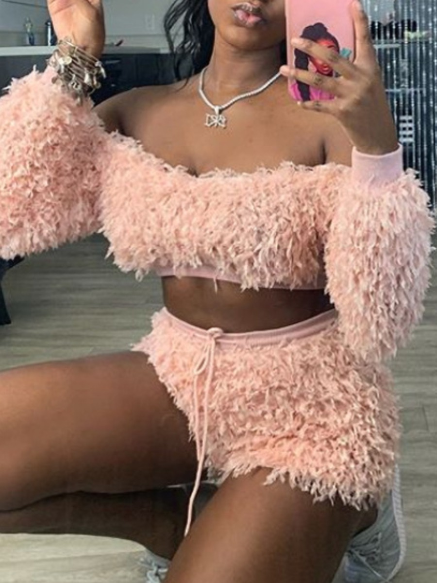 

lovely Trendy Dew Shoulder Drawstring Pink Two Piece Shorts Set