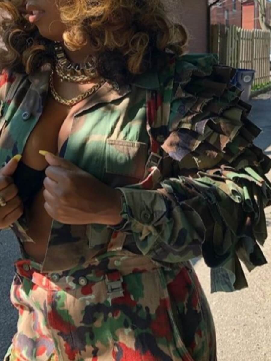 

Lovely Street Layered Cascading Ruffle Camo Print Jacket