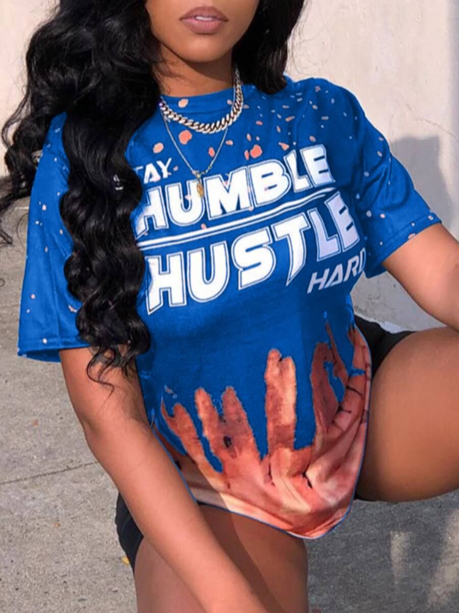 

LW Casual O Neck Letter Print Blue T-shirt