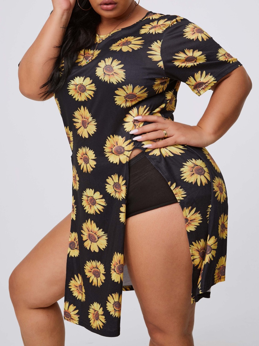 

lovely Casual Floral Print Side Slit Black Plus Size T-shirt