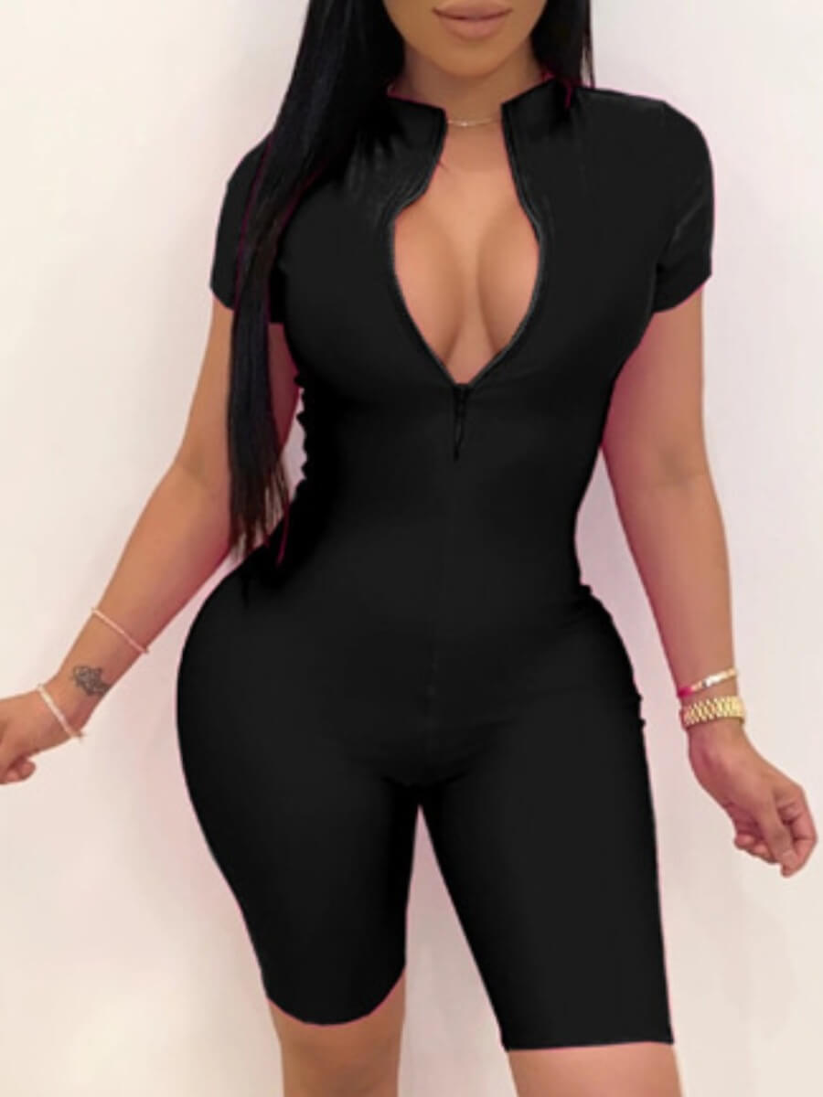 

LW Plus Size Sportswear Zipper Design Black One-piece Romper