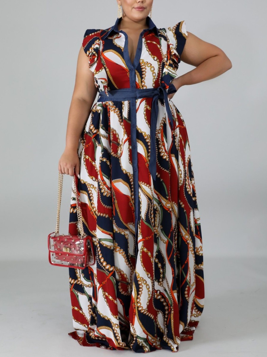 

lovely Casual Turndown Collar Print Red Maxi Plus Size Dress