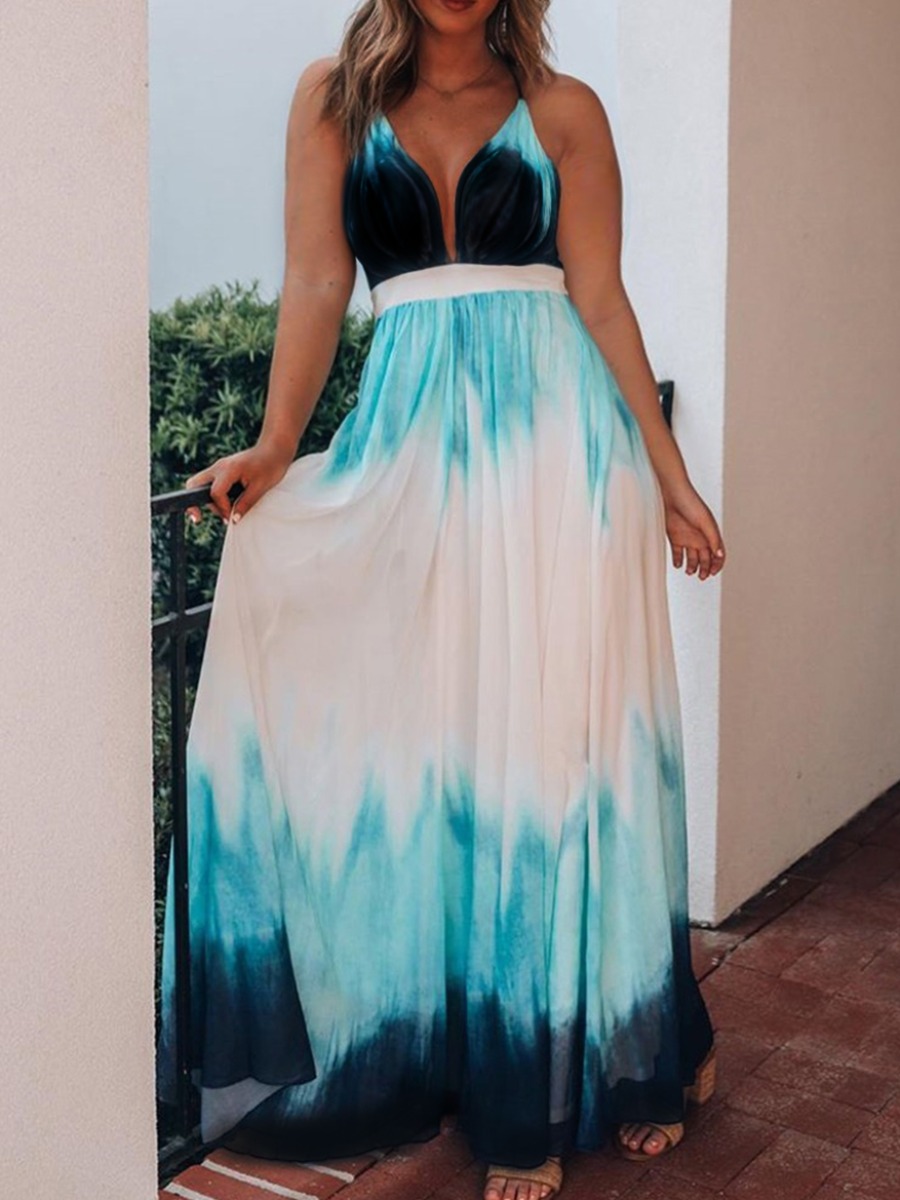 

lovely Bohemian Deep V Neck Backless Tie-dye Deep Blue Maxi Dress