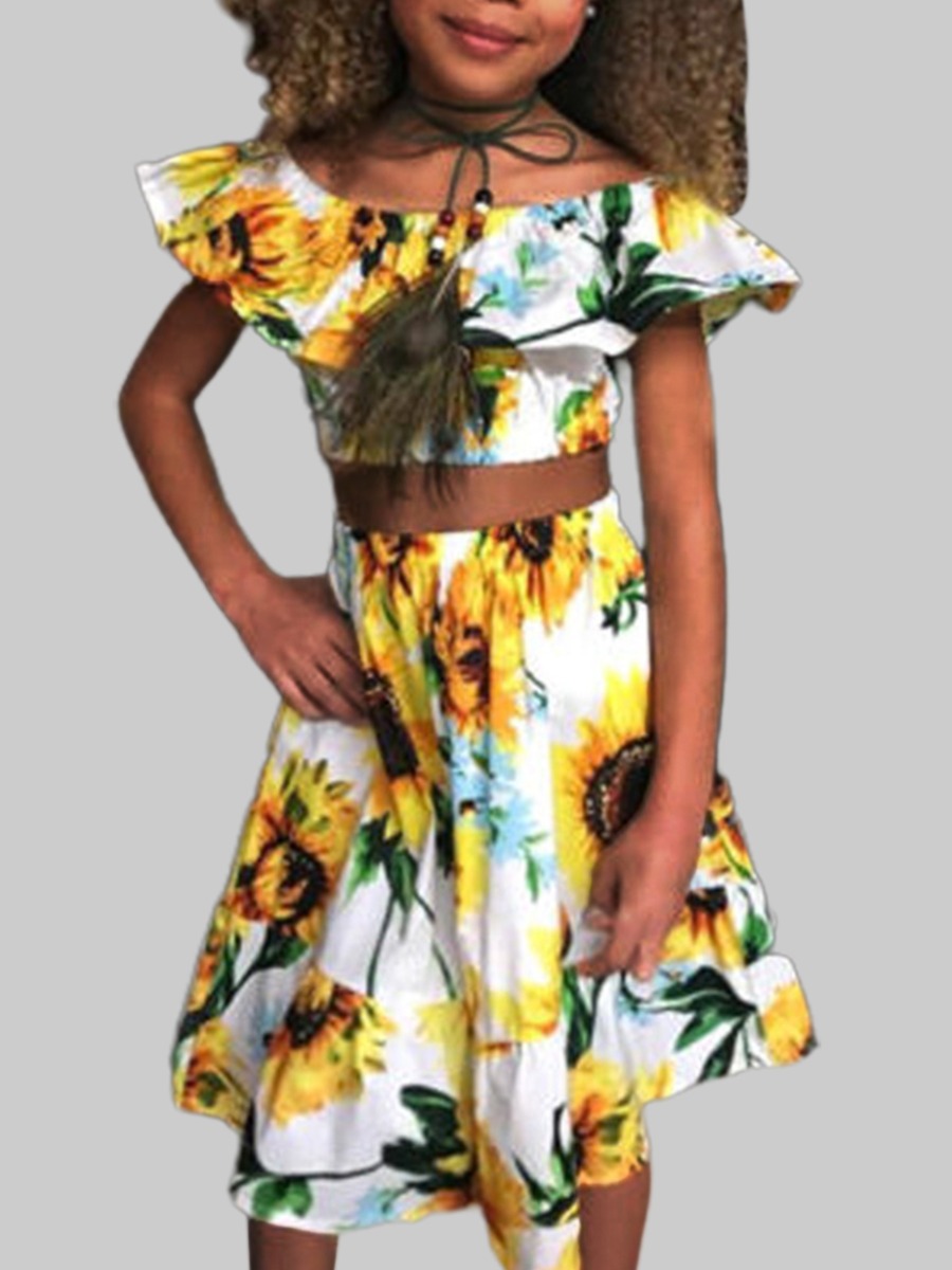 

lovely Bohemian Floral Print Yellow Girl Two-piece Skirt Set