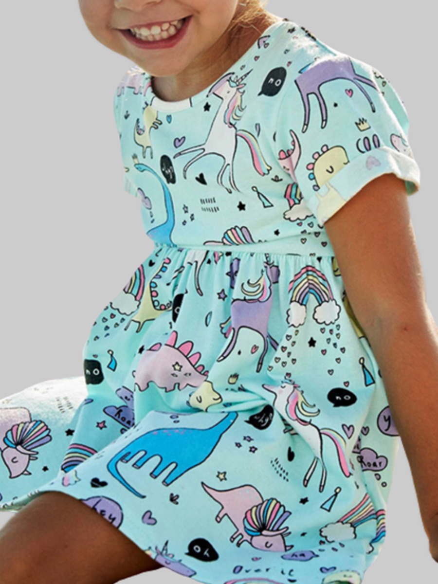 

lovely CasualO Neck Cartoon Print Blue Girl Knee Length Dress