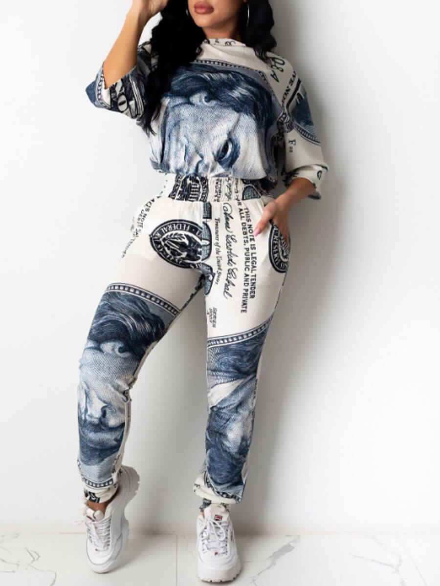 

Lovely Trendy O Neck Print Grey Two-piece Pants Set
