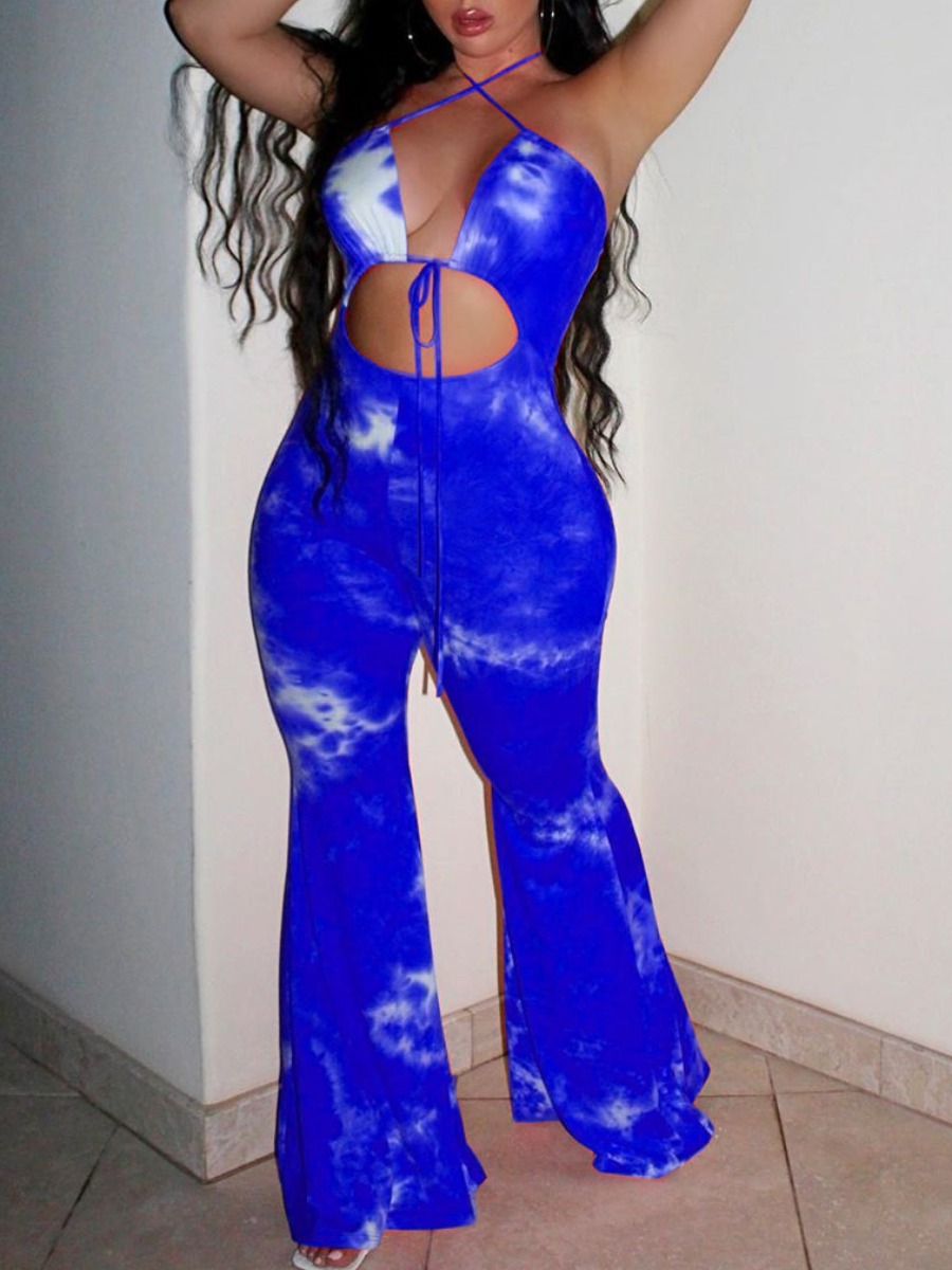 

lovely Sexy Tie-dye Cross-over Design Blue One-piece Jumpsuit