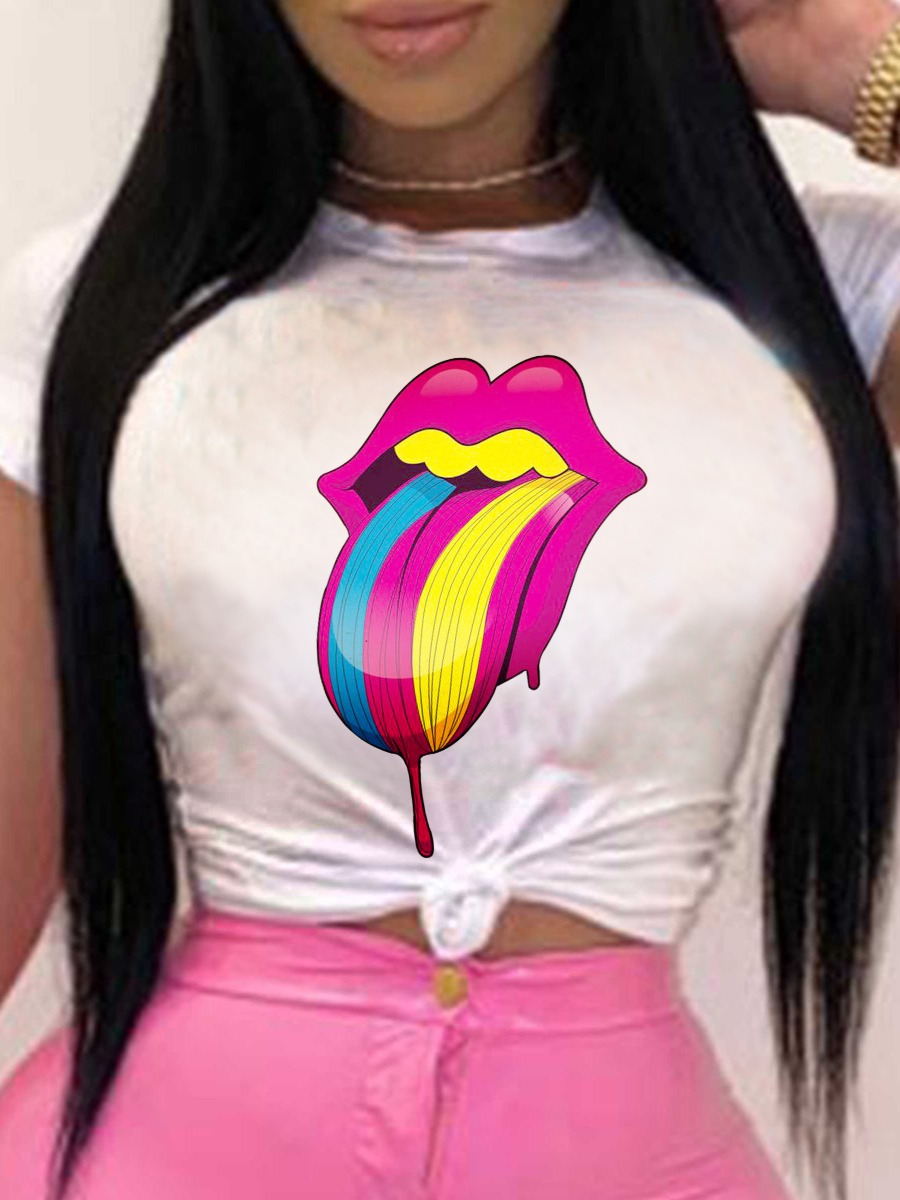 lovely Casual O Neck Lip Print White T-shirt