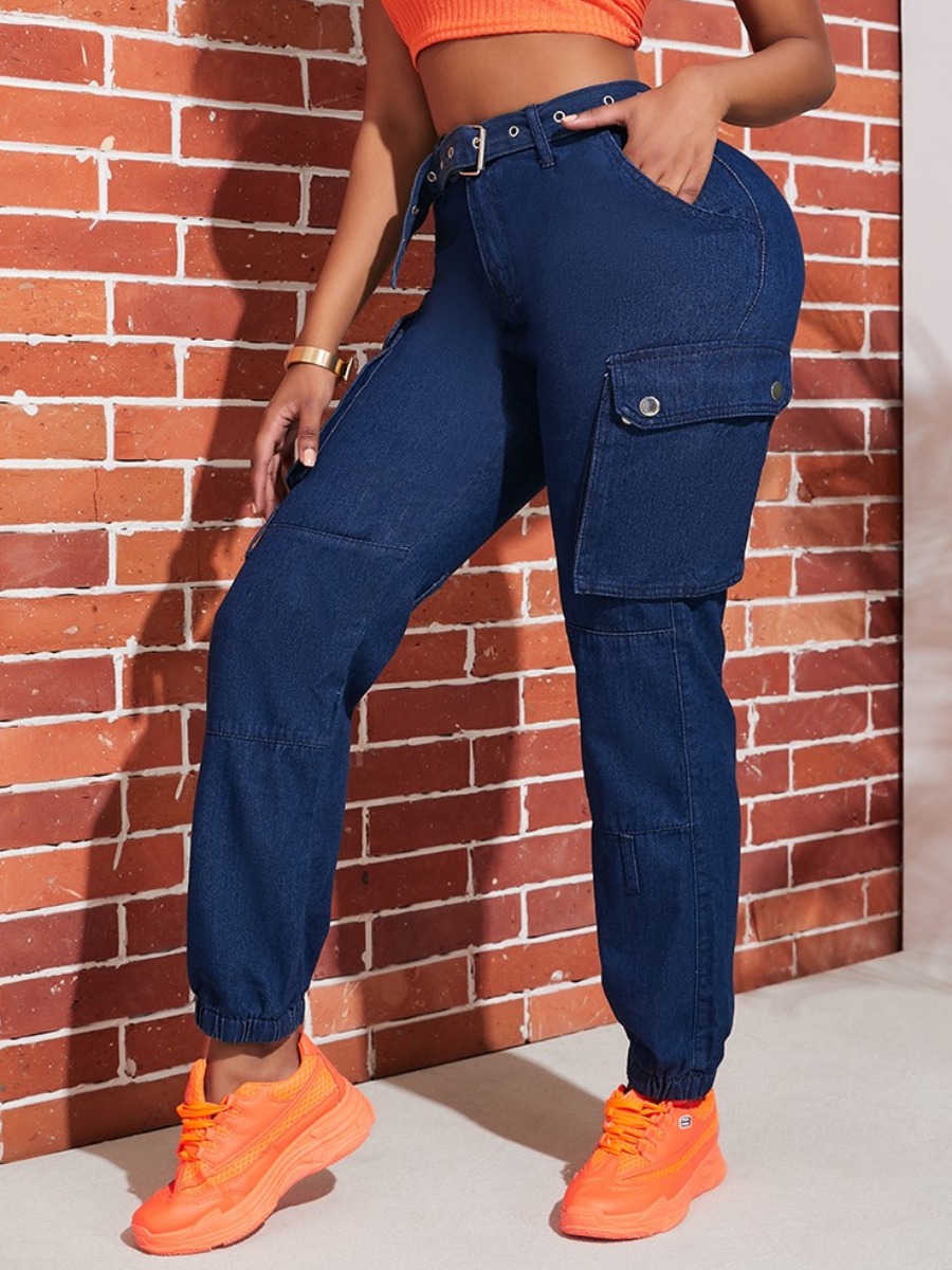 

lovely Stylish Pocket Patched Deep Blue Jeans