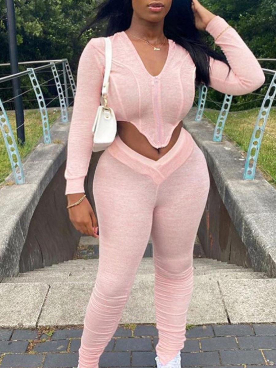 

lovely Sportswear Asymmetrical Fold Design Pink Two Piece Pants Set