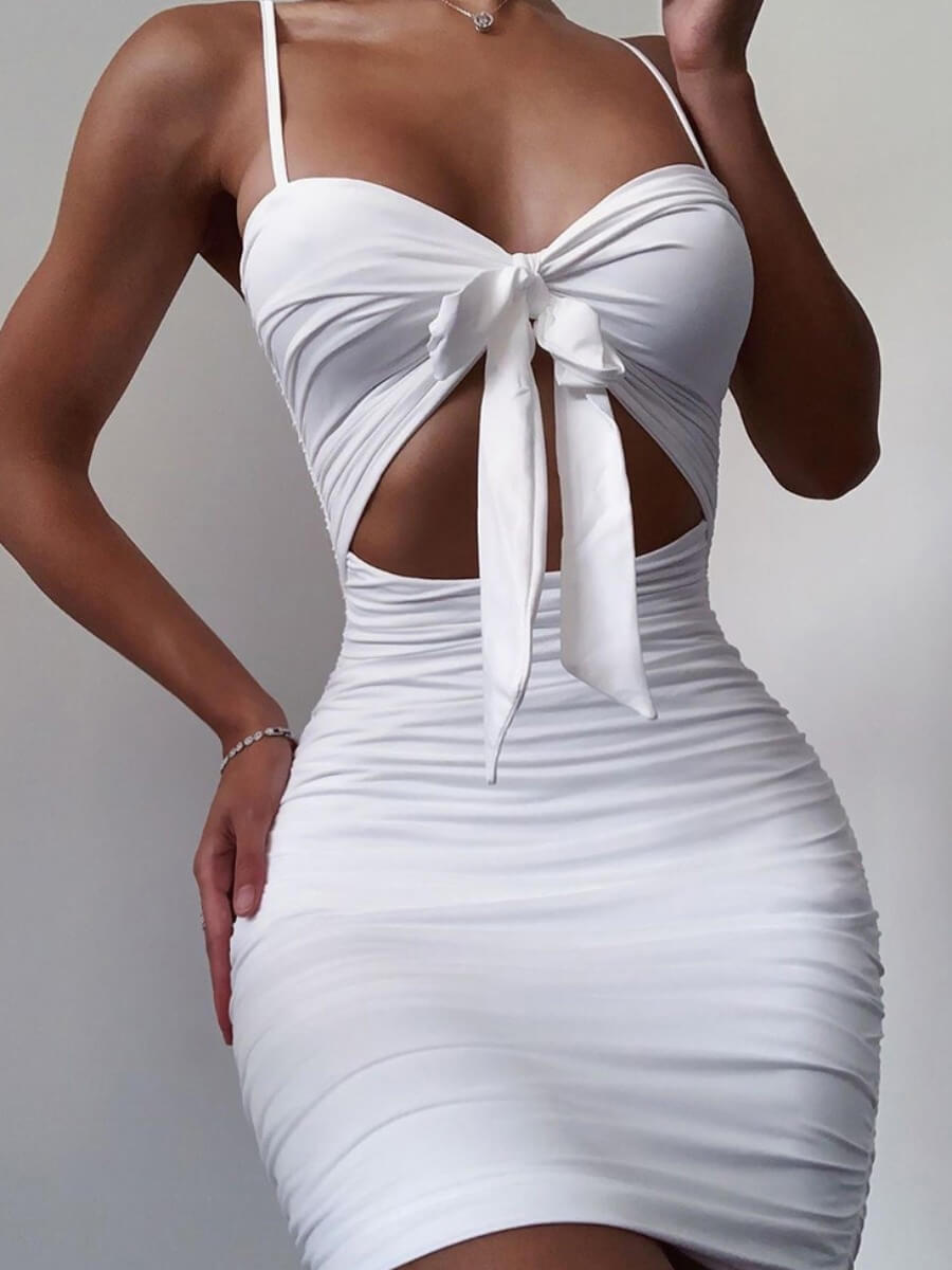 

Lovely Stylish Spaghetti Strap Knot Fold Design White Mini Dress