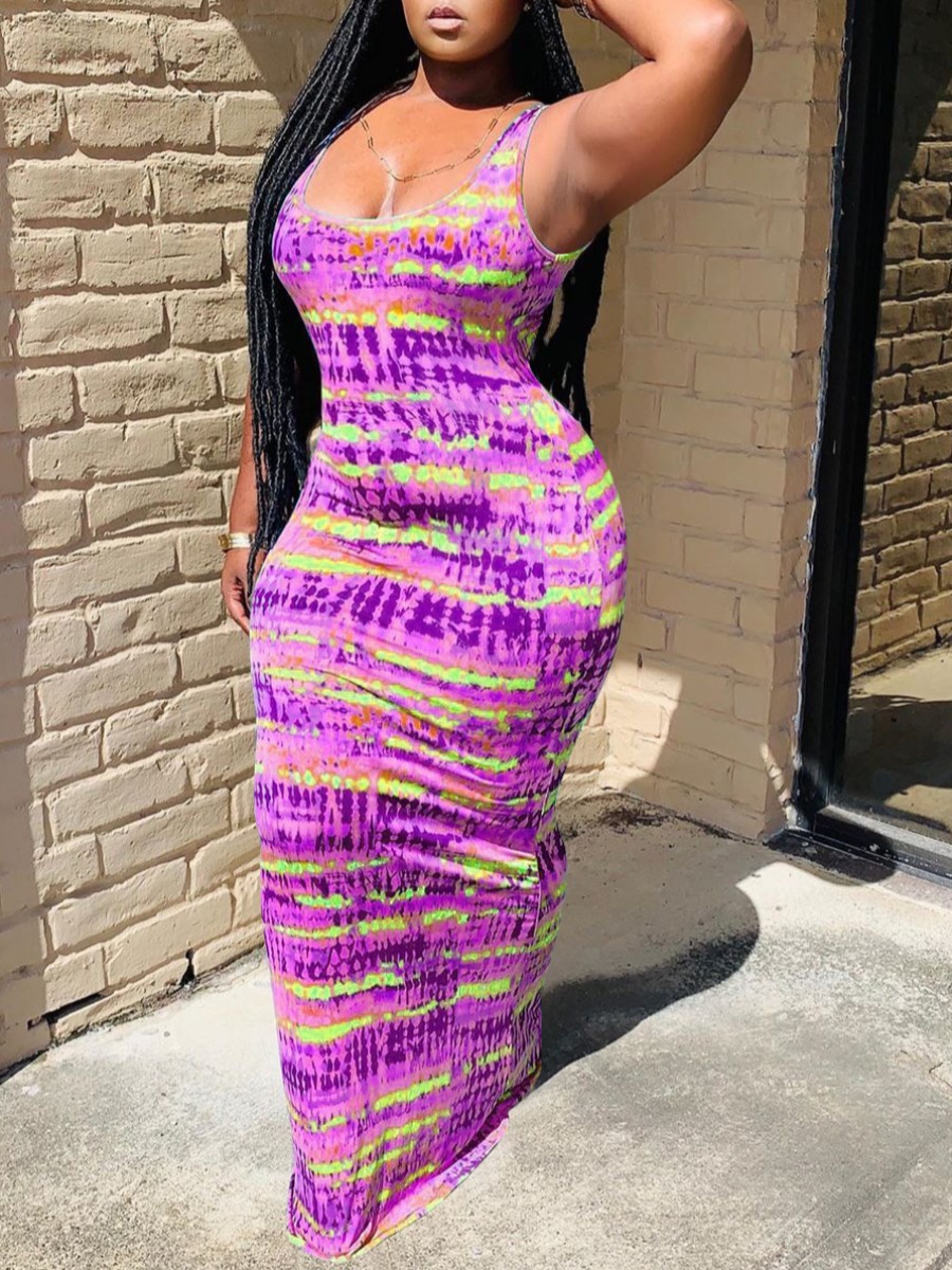

lovely Stylish Spaghetti Strap Tie-dye Purple Maxi Plus Size Dress