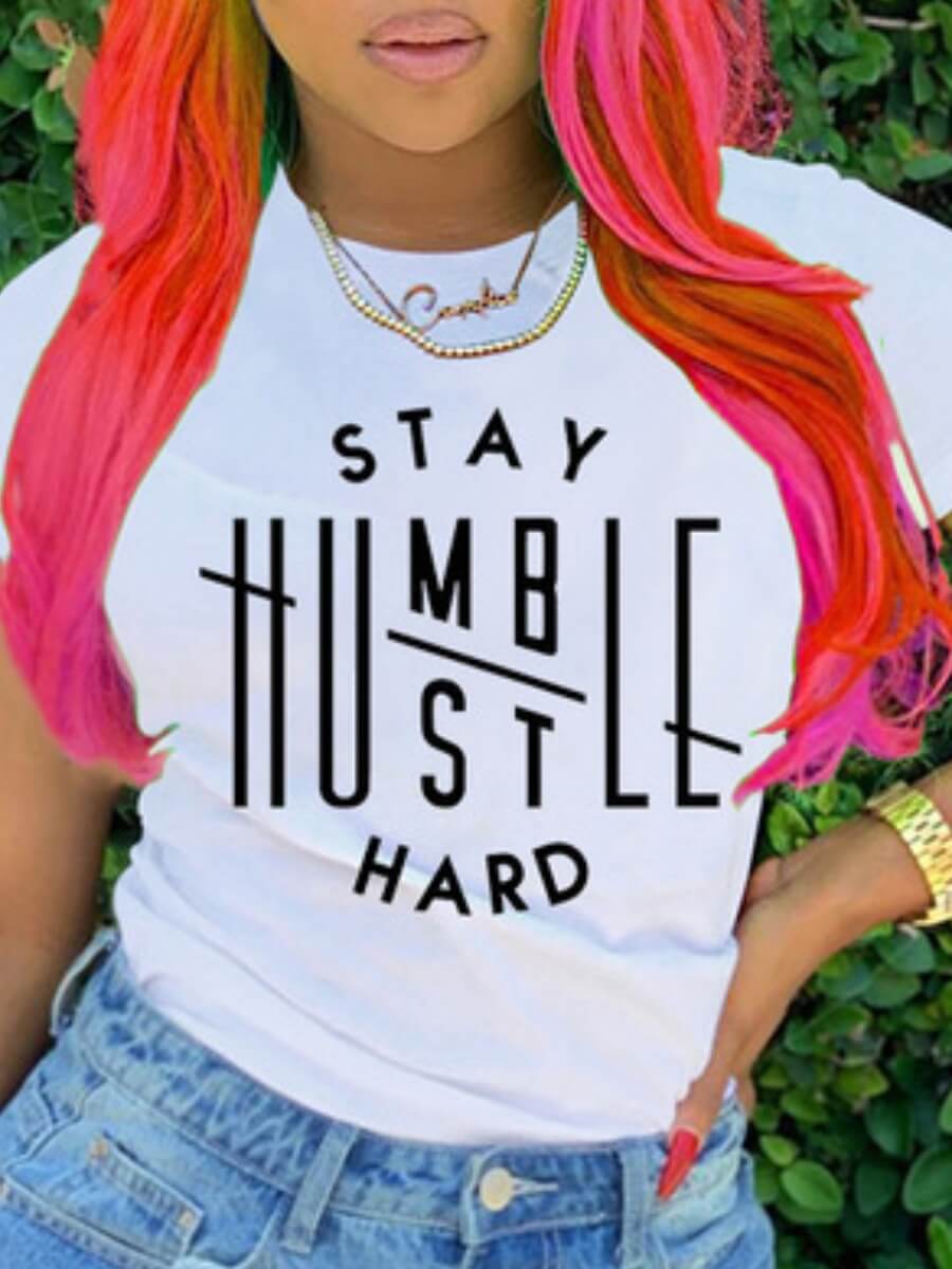 LW Leisure O Neck Letter Print White T-shirt