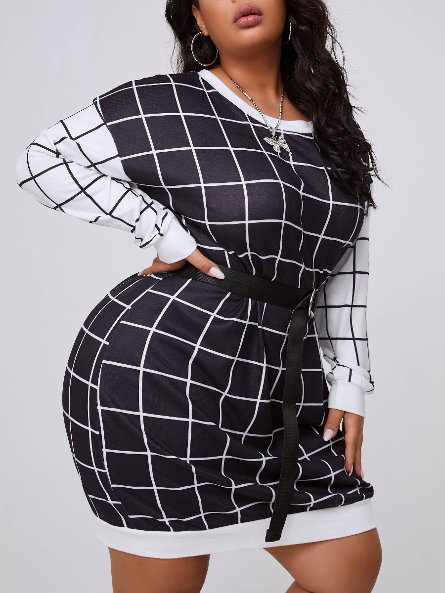

lovely Casual O Neck Grid Print Patchwork Black Mini Plus Size Dress