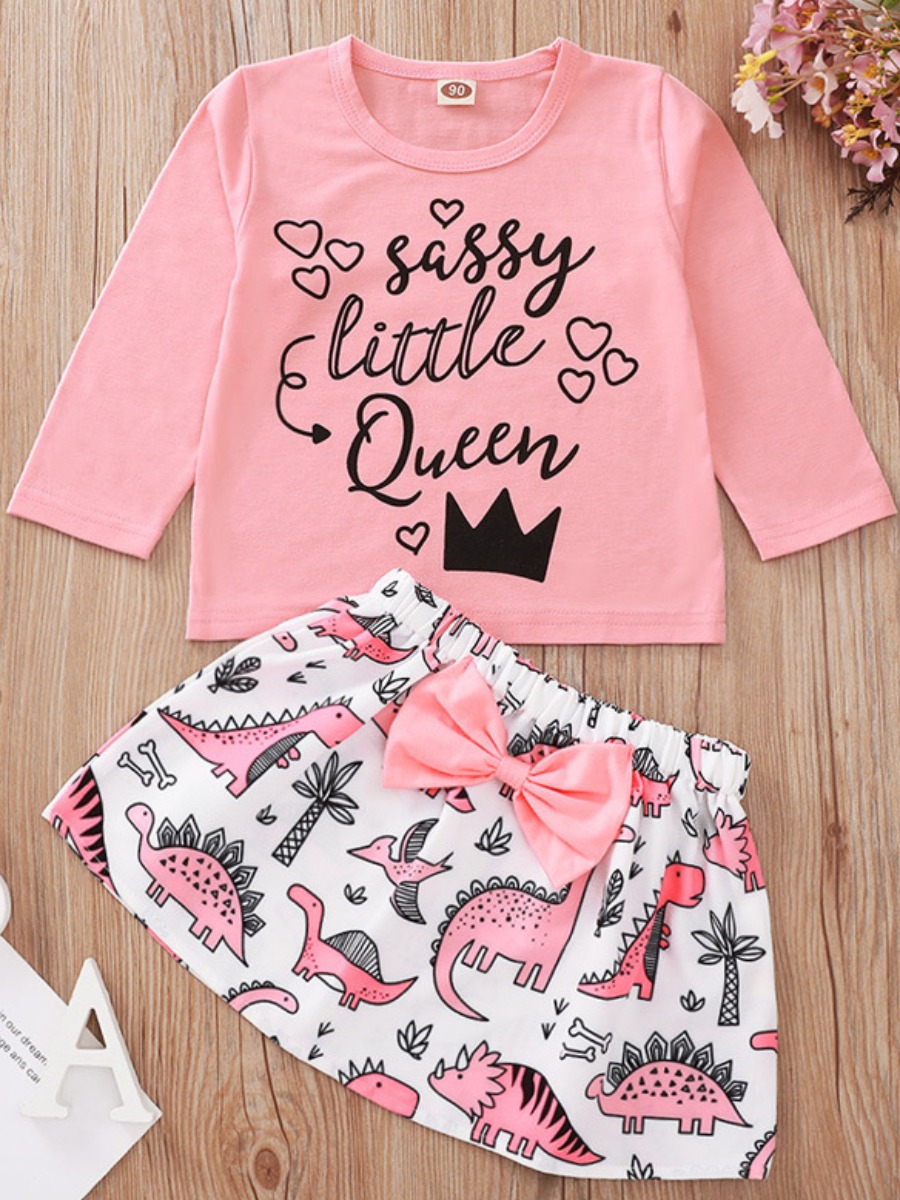 

lovely Casual O Neck Letter Print Pink Girl Two-piece Skirt Set
