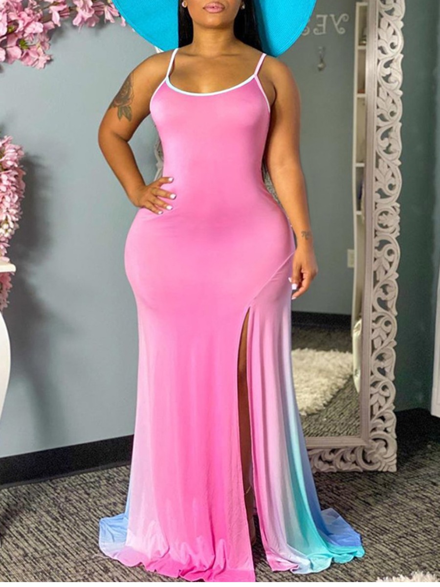 

lovely Leisure Spaghetti Strap Gradient Pink Maxi Plus Size Dress