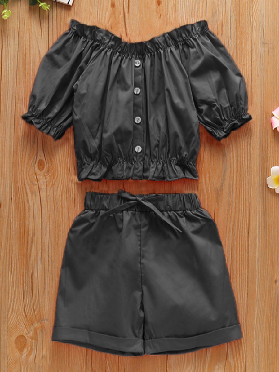

lovely Stylish Buttons Design Black Girl Two-piece Shorts Set