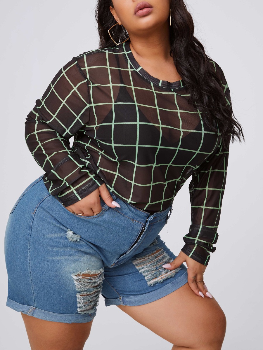 

lovely Casual O Neck Grid Print See-through Black Plus Size Blouse