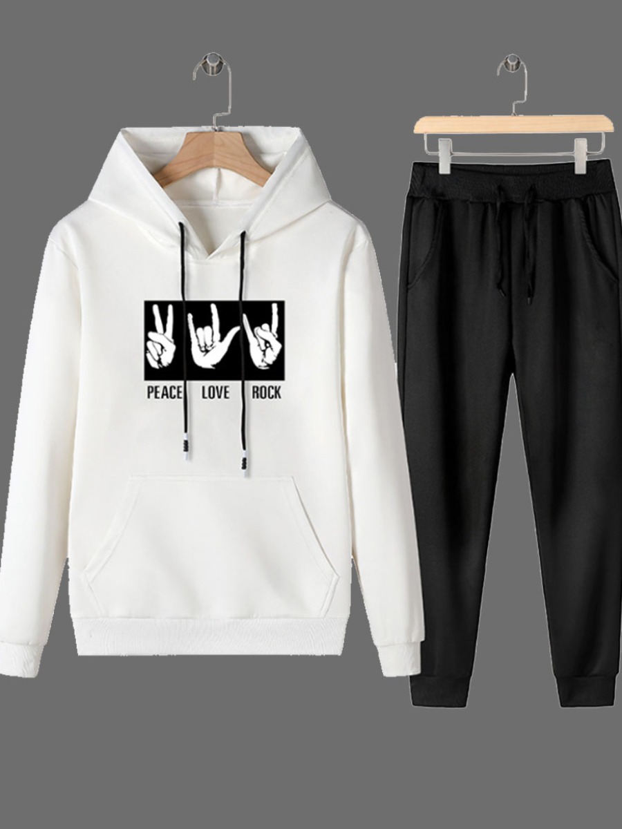

Men lovely Sportswear Hooded Collar Print White Two-piece Pants Set
