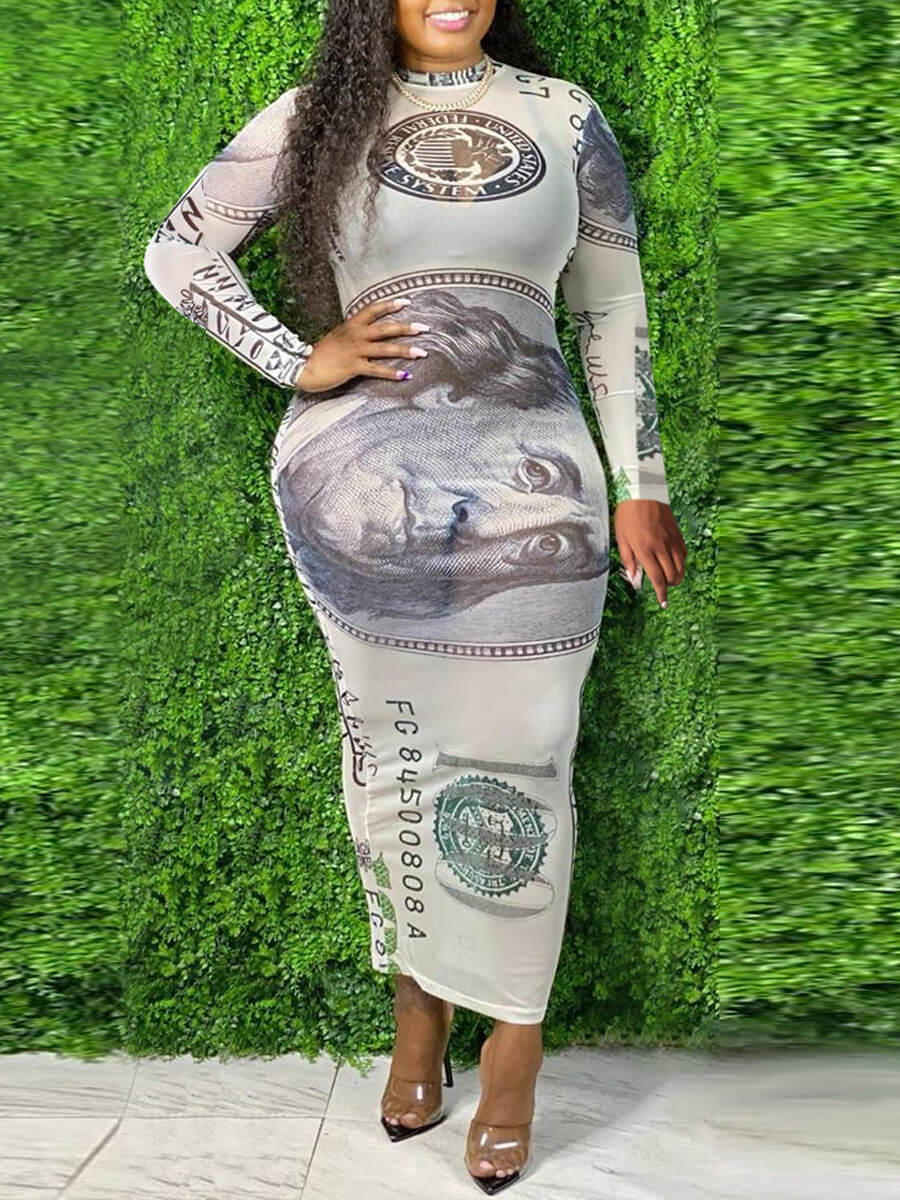 

LW Plus Size Money Print Bodycon Dress, White