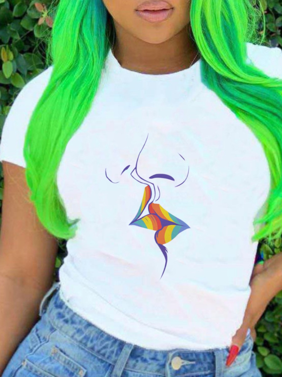 

lovely Leisure O Neck Print White Plus Size T-shirt