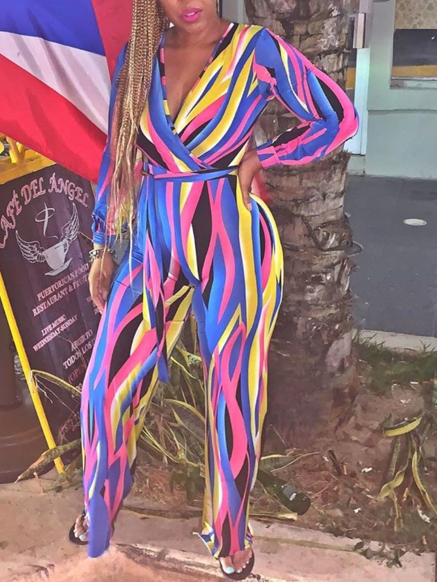 

lovely Trendy Deep V Neck Print Multicolor One-piece Jumpsuit, Multi