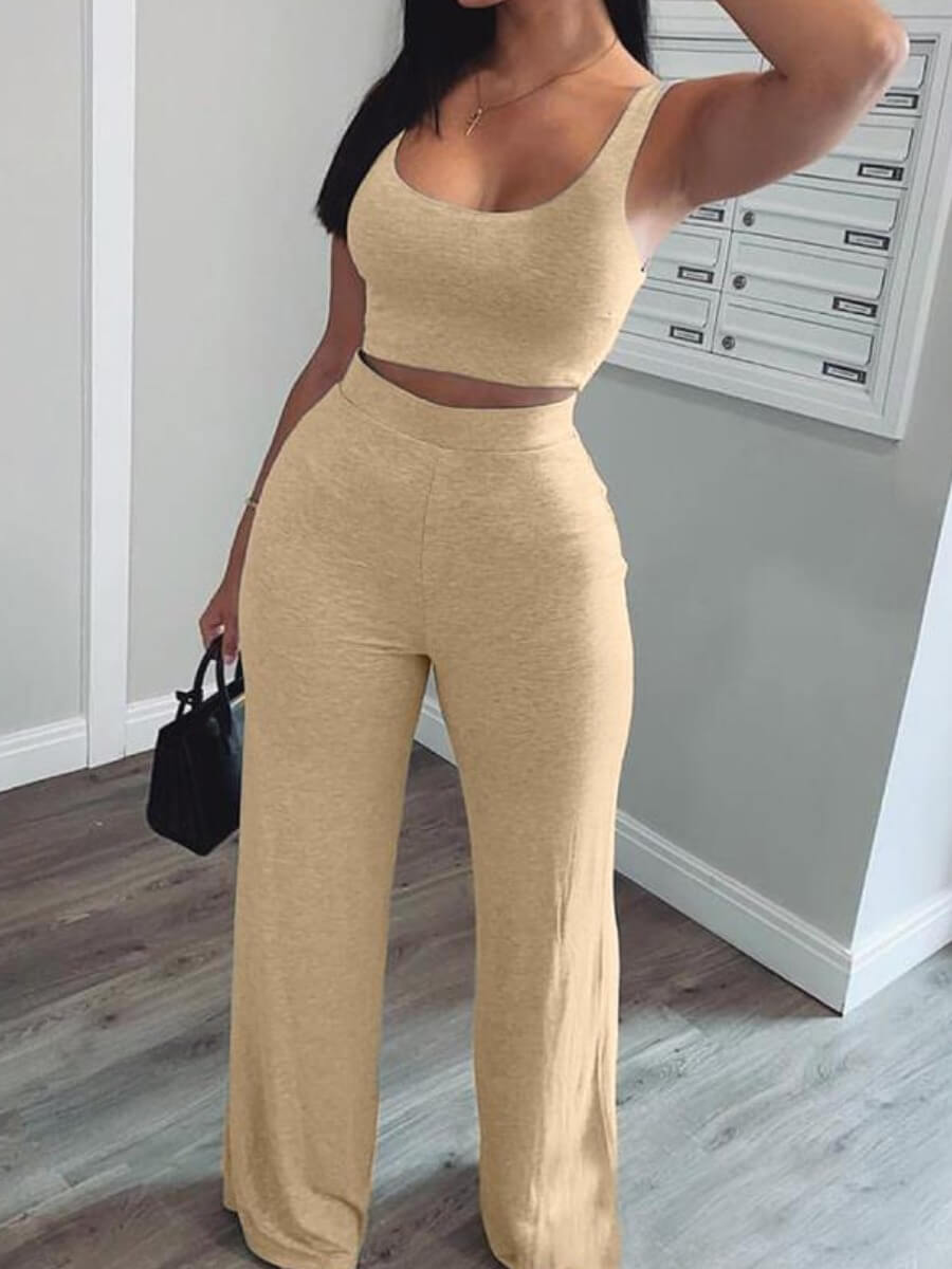 LovelyWholesale BASICS Sportswear U Neck Khaki Pants Set Spring Sleeveless Casual Vests U Neck Spring Summer 2024