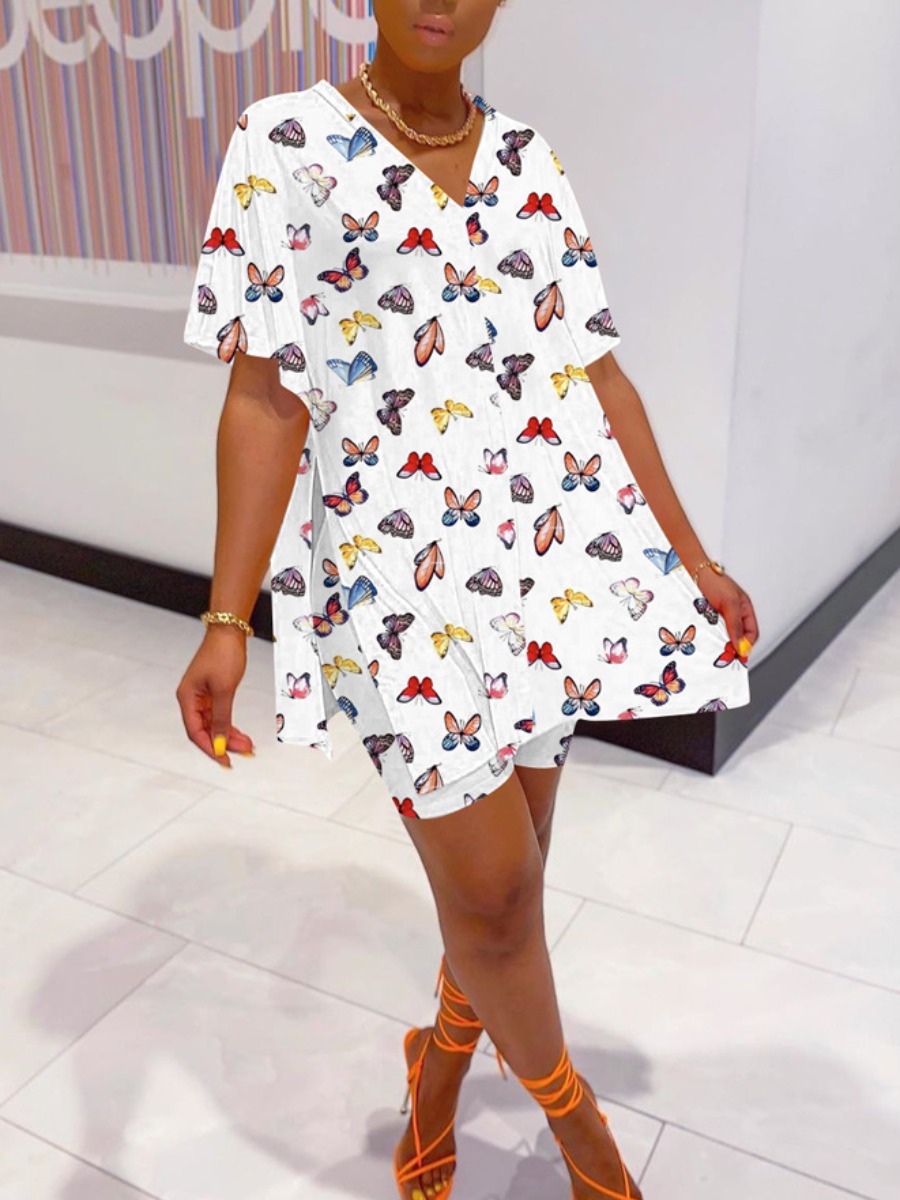 

lovely Trendy V Neck Butterfly Print White Two Piece Shorts Set