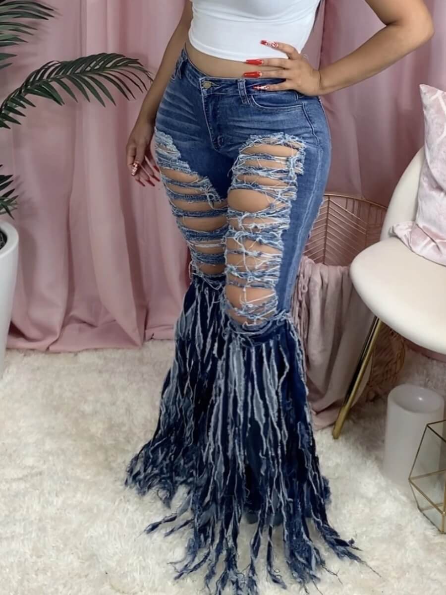 

Lovely Street Broken Holes Tassel Design Deep Blue Jeans