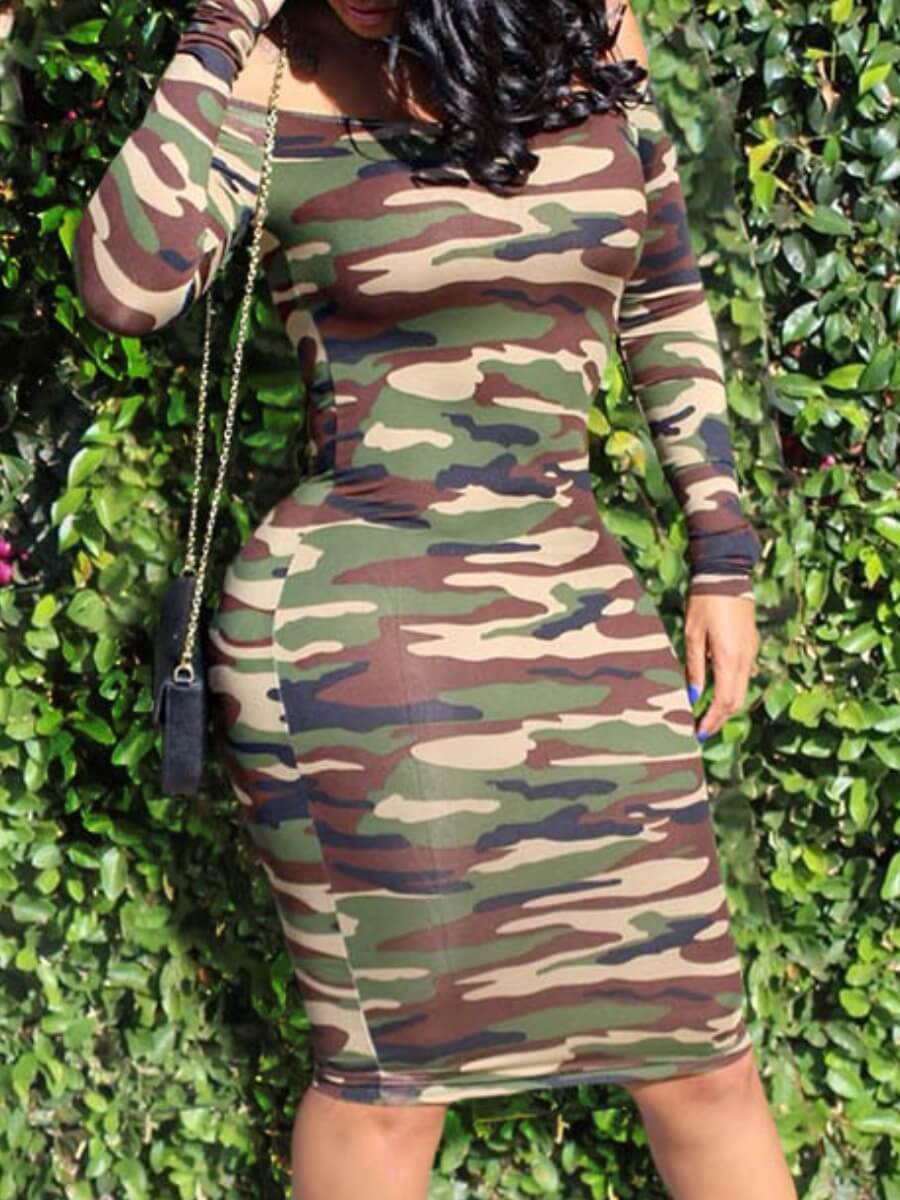 

Lovely Trendy Dew Shoulder Camo Print Knee Length Dress