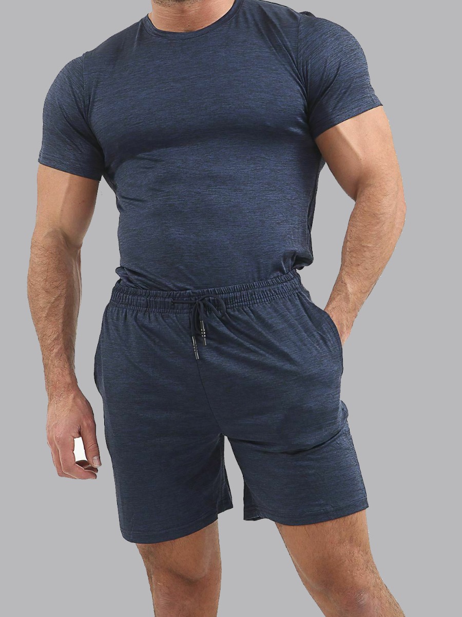 

Men lovely Casual O Neck Drawstring Navy Blue Two-piece Shorts Set