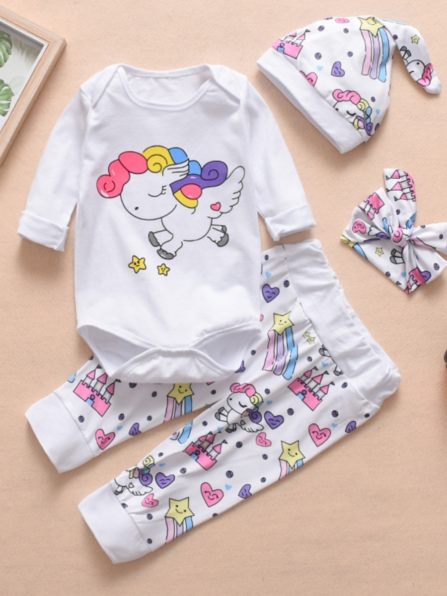 

lovely Sweet O Neck Cartoon Print White Girl Two-piece Pants Set