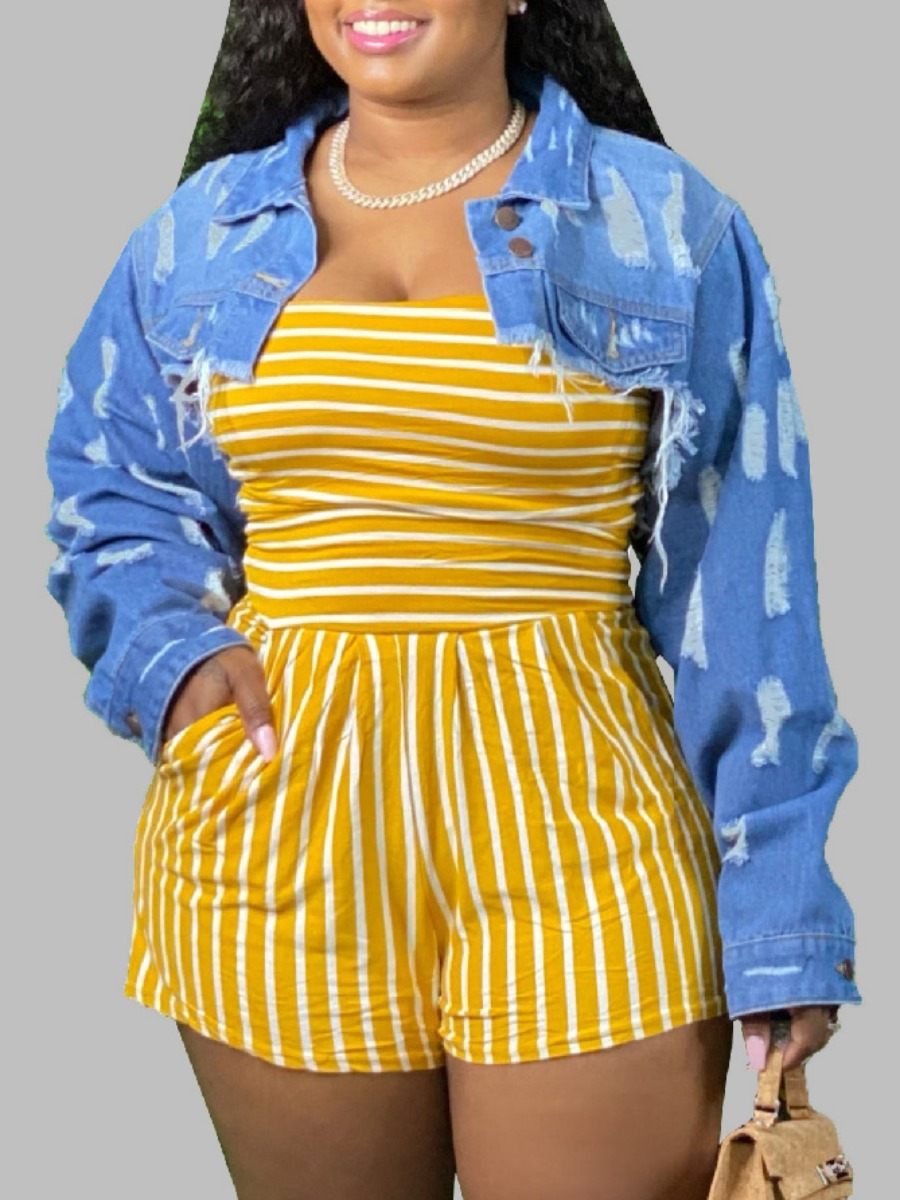 

lovely Trendy Striped Print Yellow Plus Size One-piece Romper
