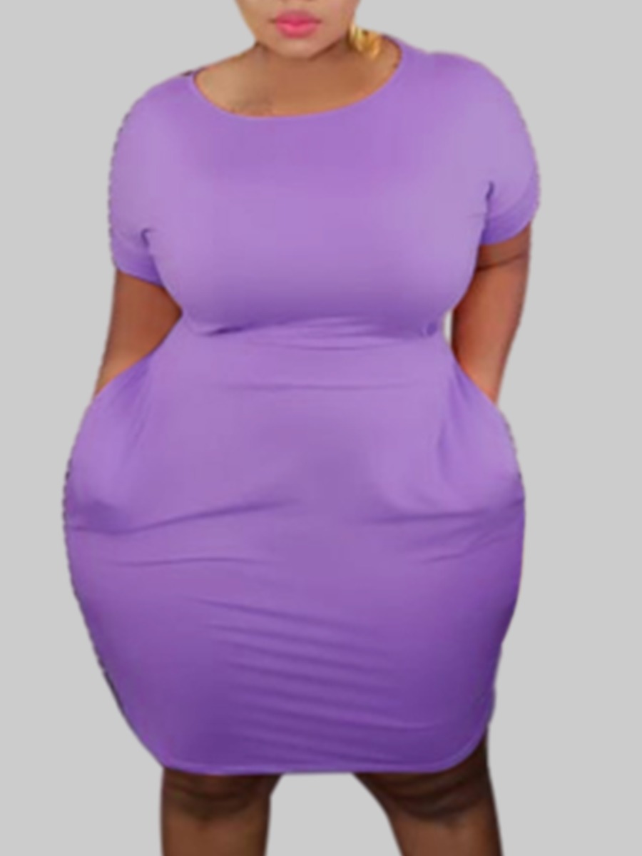 

lovely Casual O Neck Basic Skinny Purple Knee Length Plus Size Dress