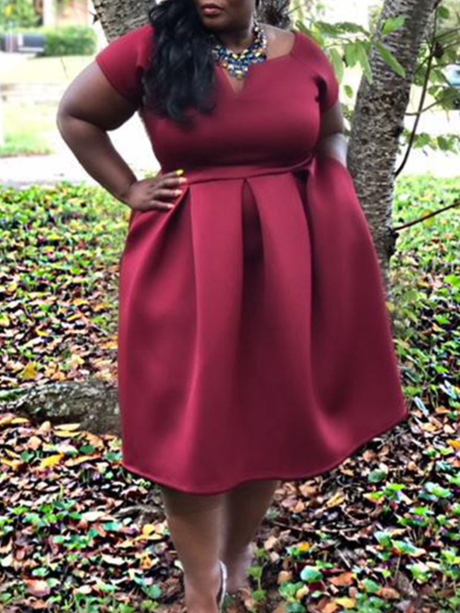 

lovely Trendy Fold Design Red Knee Length Plus Size Dress