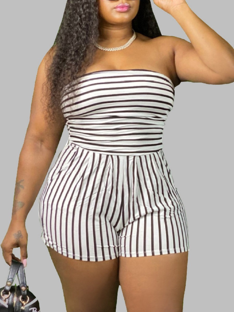 

lovely Sexy Dew Shoulder Striepd White Plus Size One-piece Romper