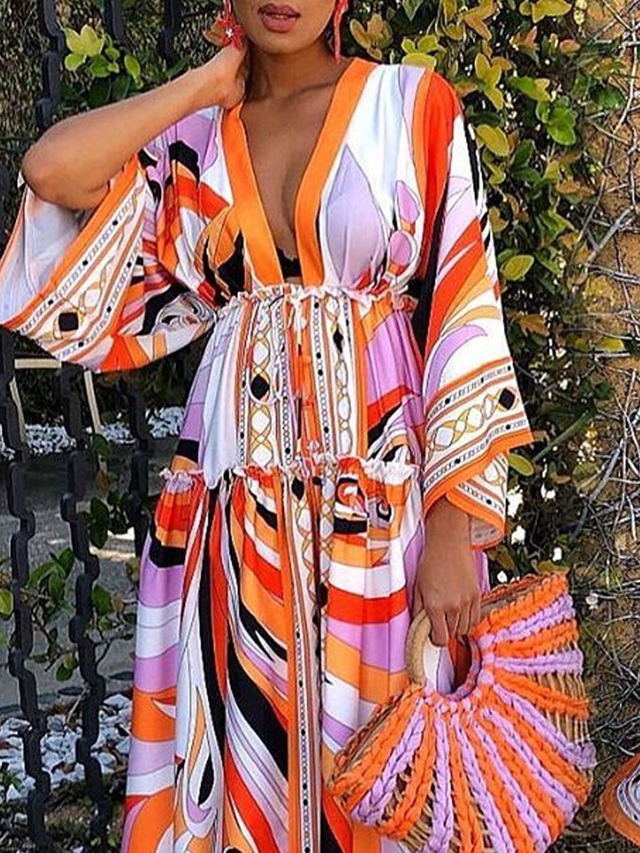 

lovely Bohemian Deep V Neck Print Multicolor Maxi Dress, Multi